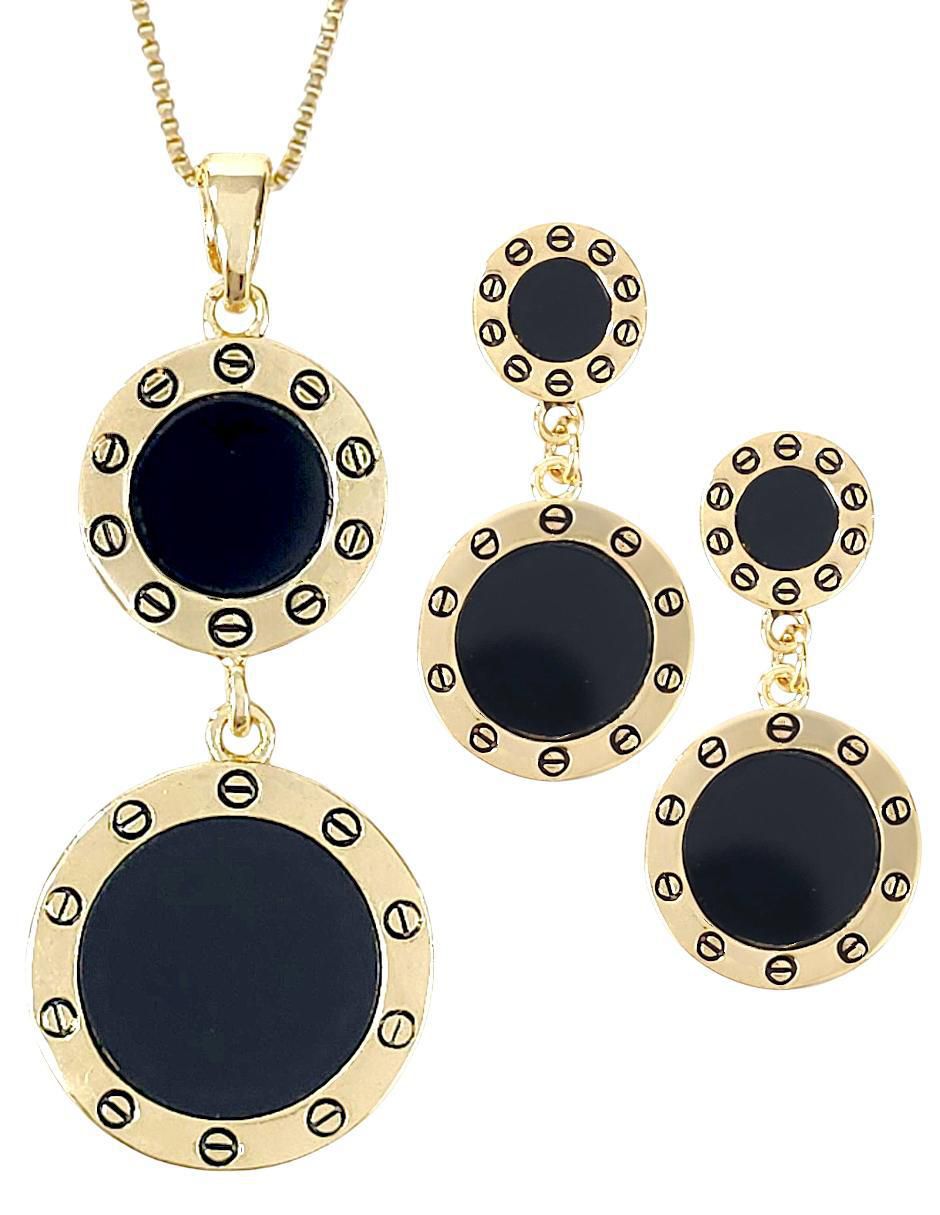 Aretes y collar circular de oro laminado 18 k ónix