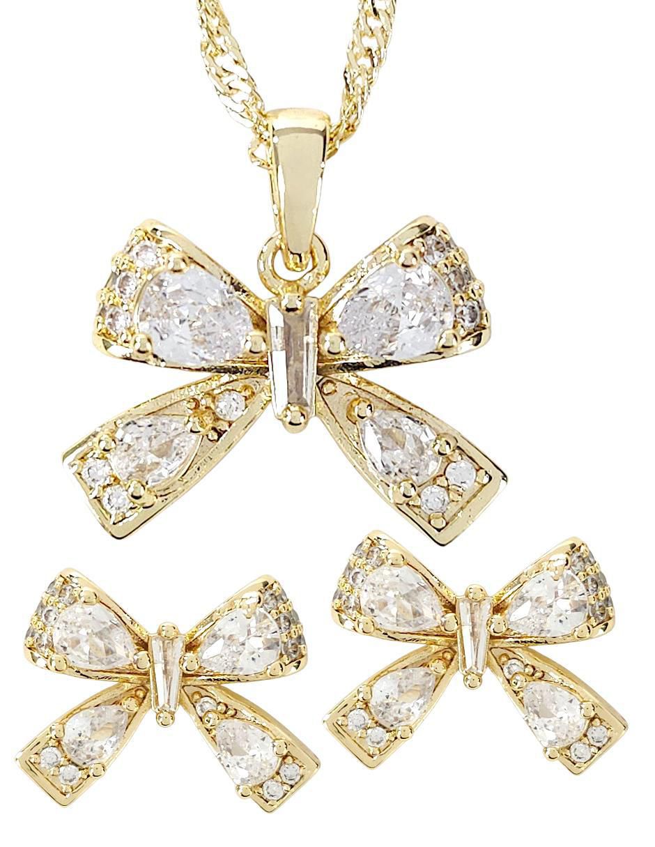 Aretes y collar de moño de oro laminado 18 k zirconia