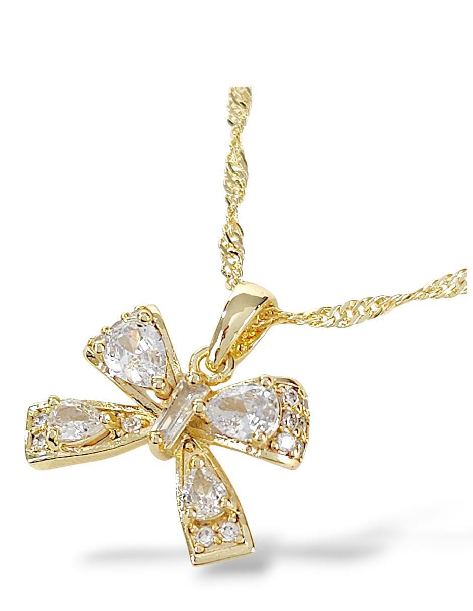 Aretes y collar de moño de oro laminado 18 k zirconia