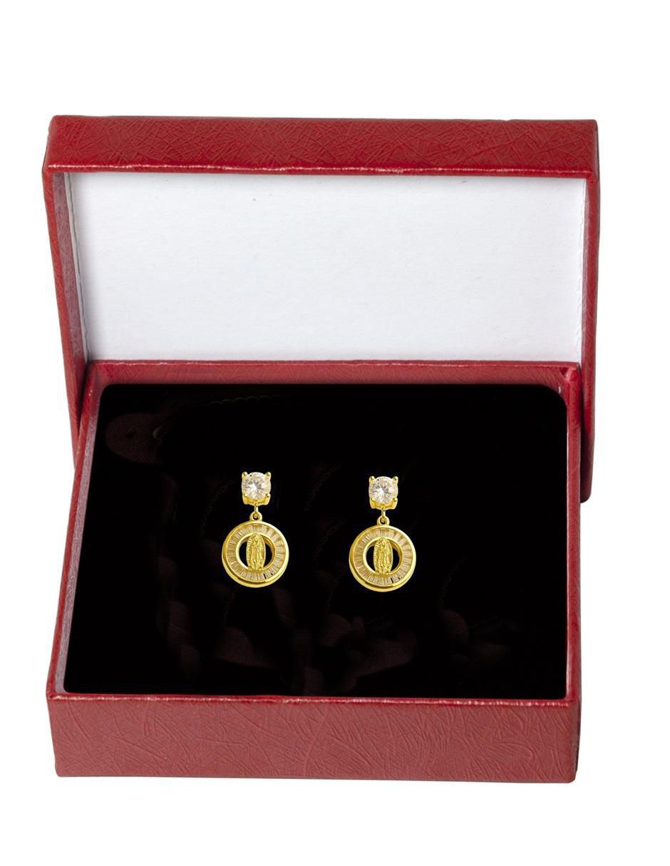Broqueles redondos Virgen de Guadalupe 18 K con acabado chapa de oro zirconia Broqueles redondos Virgen de Guadalupe 18 K con acabado chapa de oro zirconia