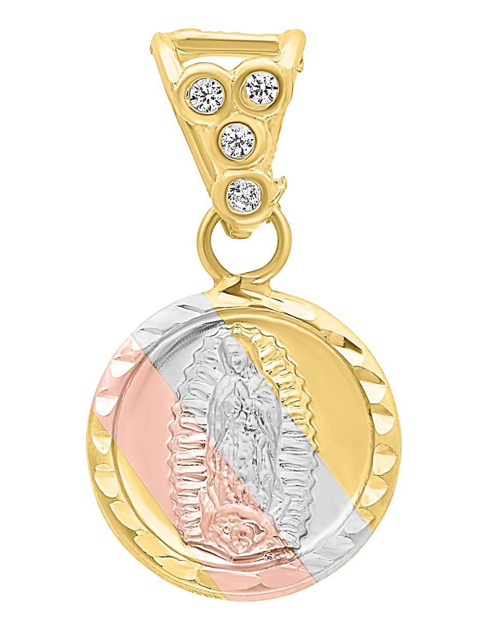 Dije redondo horoz virgen de guadalupe de oro 14 k zirconia
