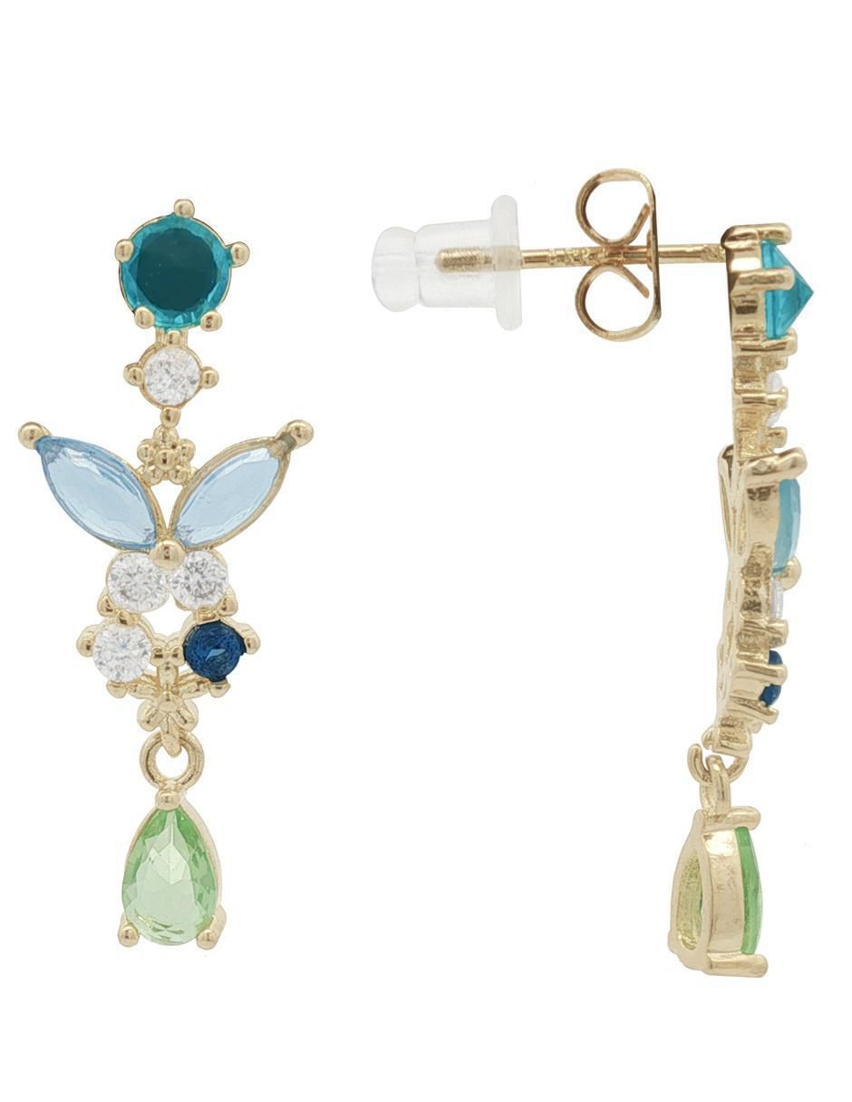 Aretes largos de mariposa 18 K con acabado chapa de oro zirconia