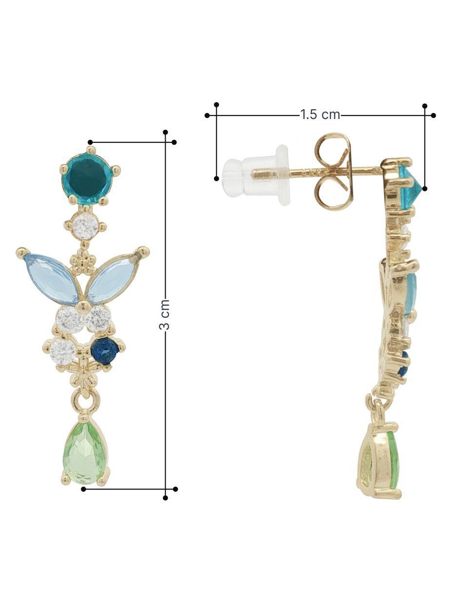 Aretes largos de mariposa 18 K con acabado chapa de oro zirconia