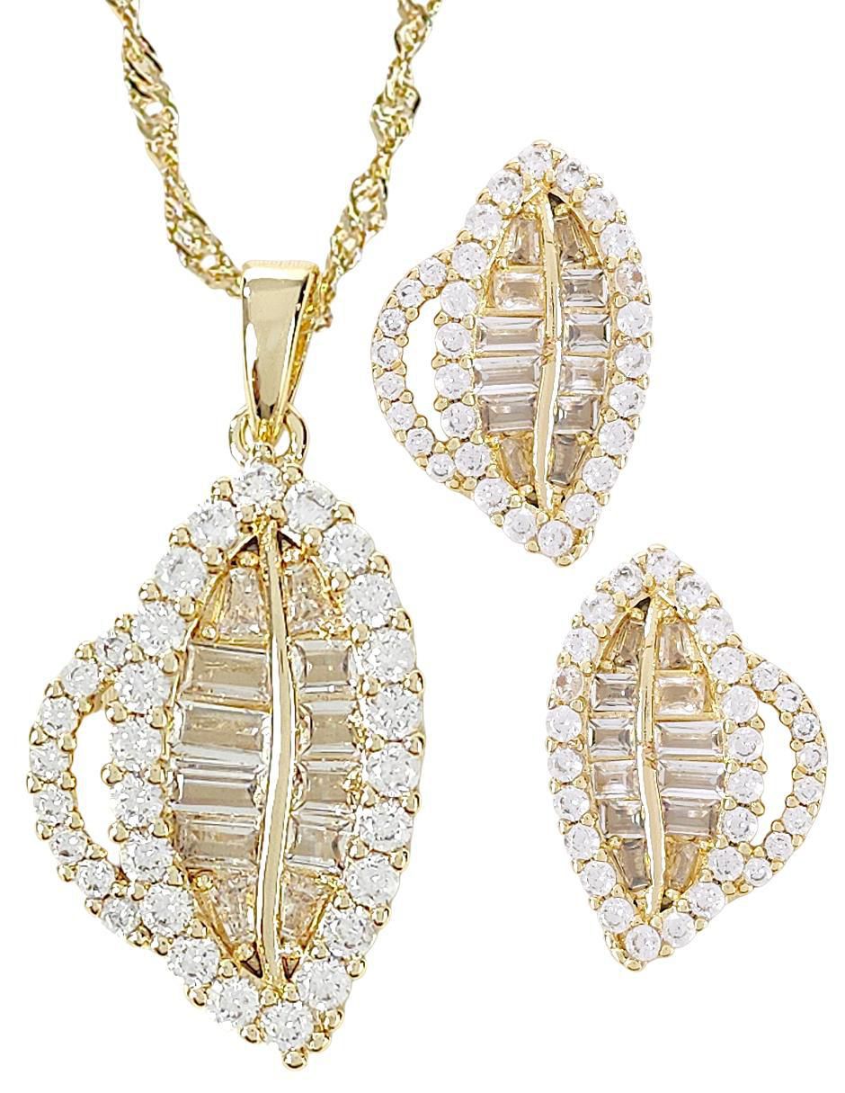 Aretes y collar de hoja de oro laminado 18 k zirconia