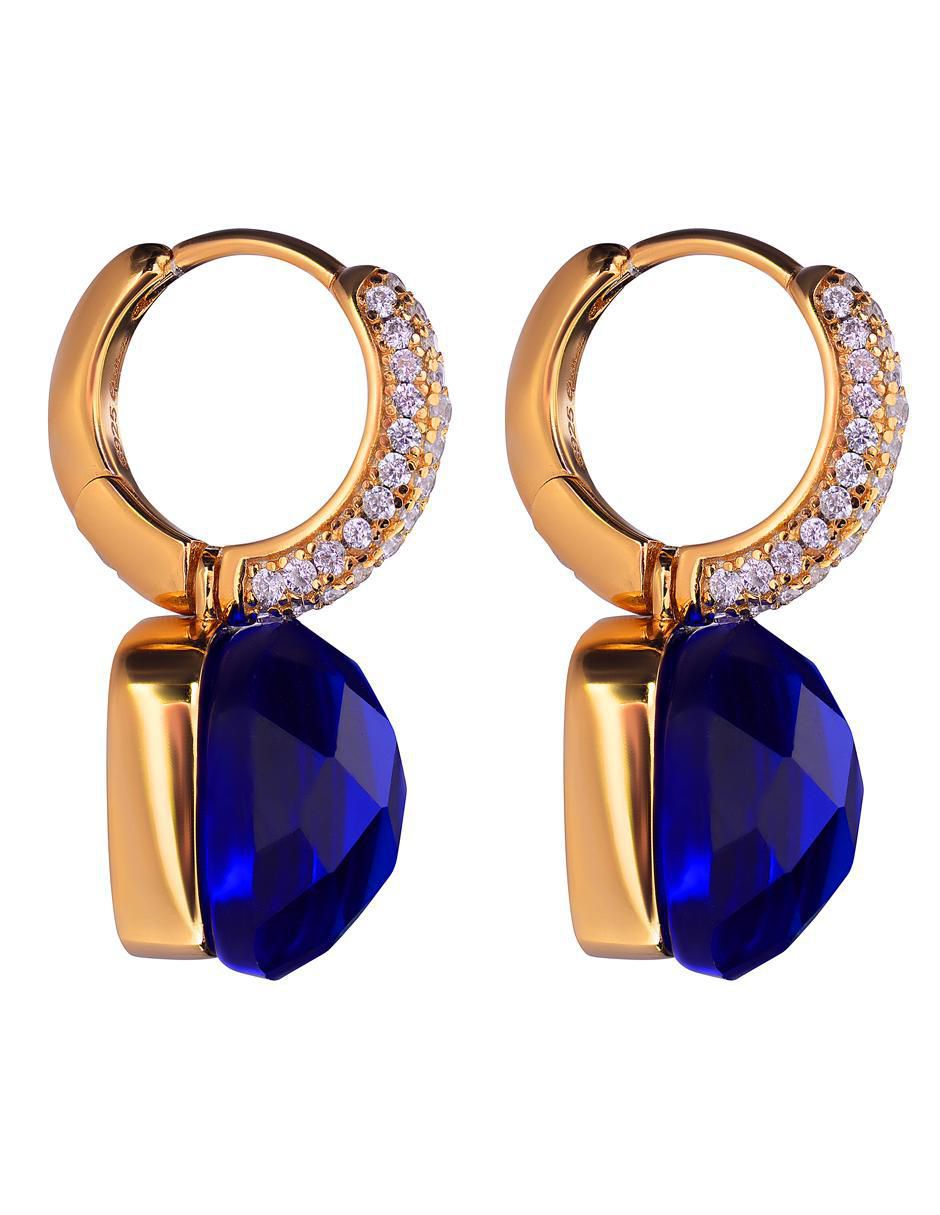 Aretes cuadrados de plata P 925 con acabado chapa de oro zafiro 3