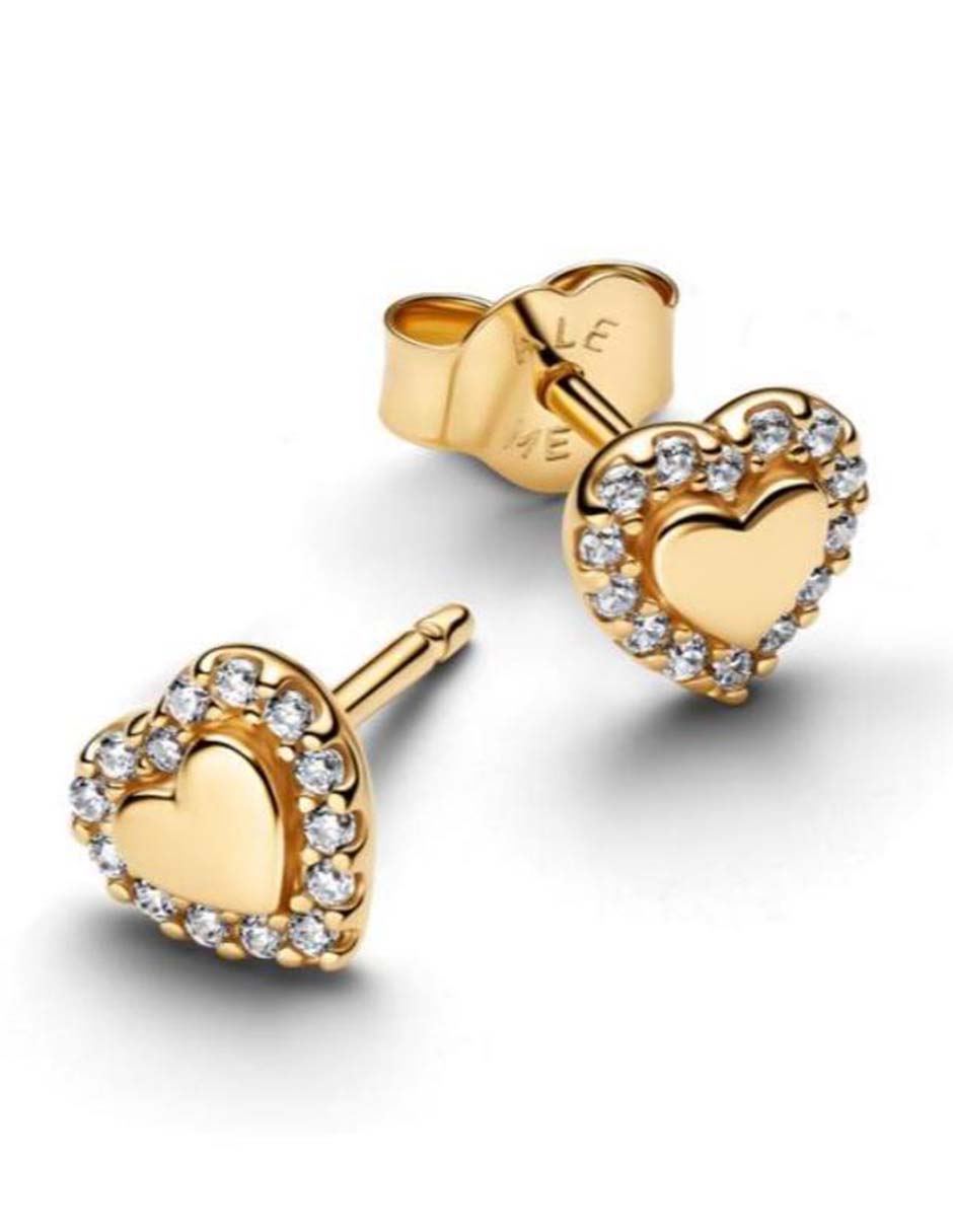 Aretes cortos de corazón Timeless de plata P 925 con acabado baño de oro zirconia cúbica Aretes cortos de corazón Timeless de plata P 925 con acabado baño de oro zirconia cúbica