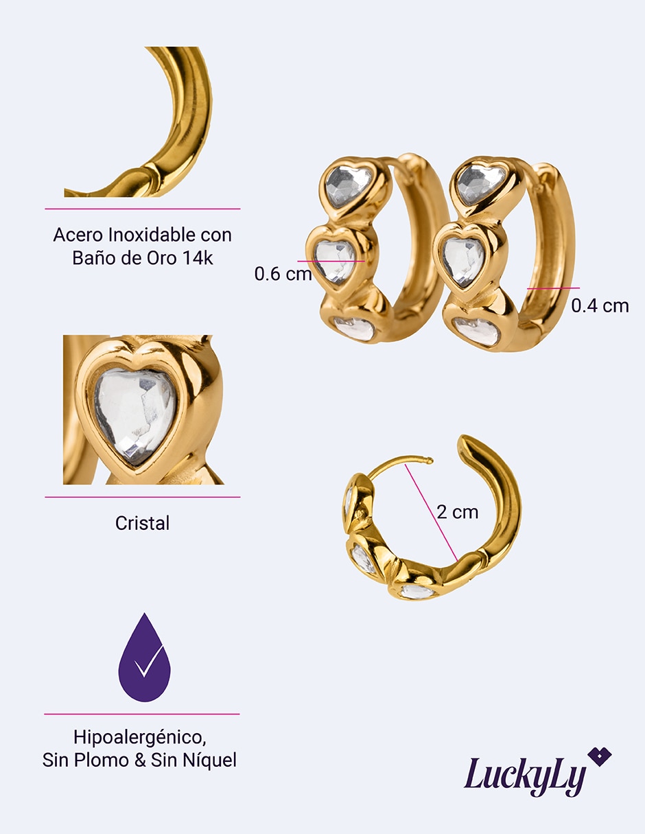 Arracadas de corazón luckyly vale con acabado baño de oro 14 k cristal