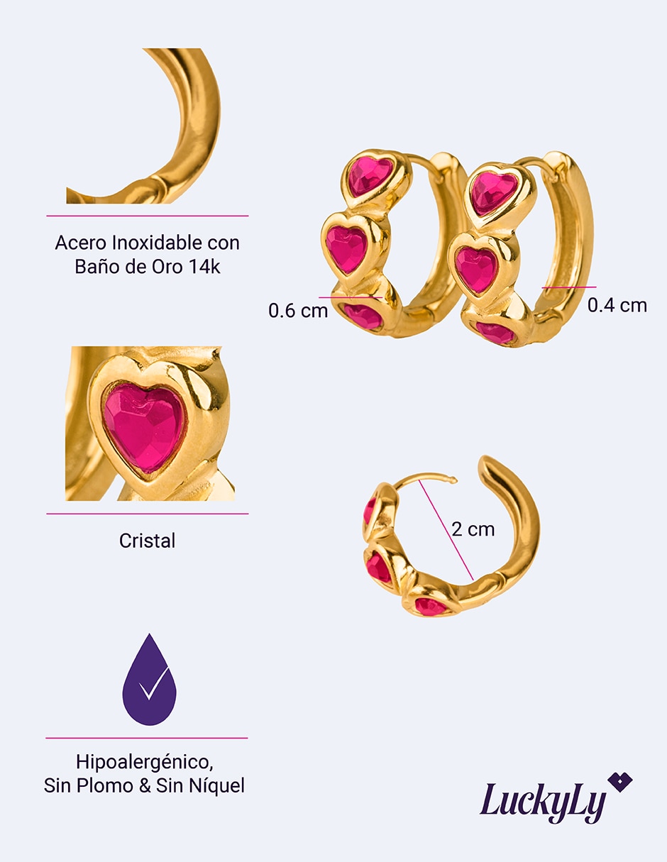 Arracadas de corazón vale con acabado baño de oro 14 k cristal 2