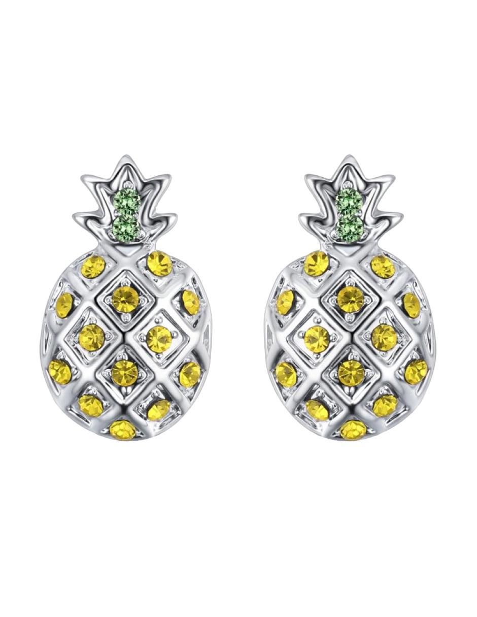 Aretes de piña con acabado baño de oro blanco 18 K cristal