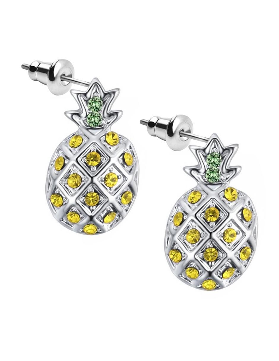 Aretes de piña con acabado baño de oro blanco 18 K cristal 2
