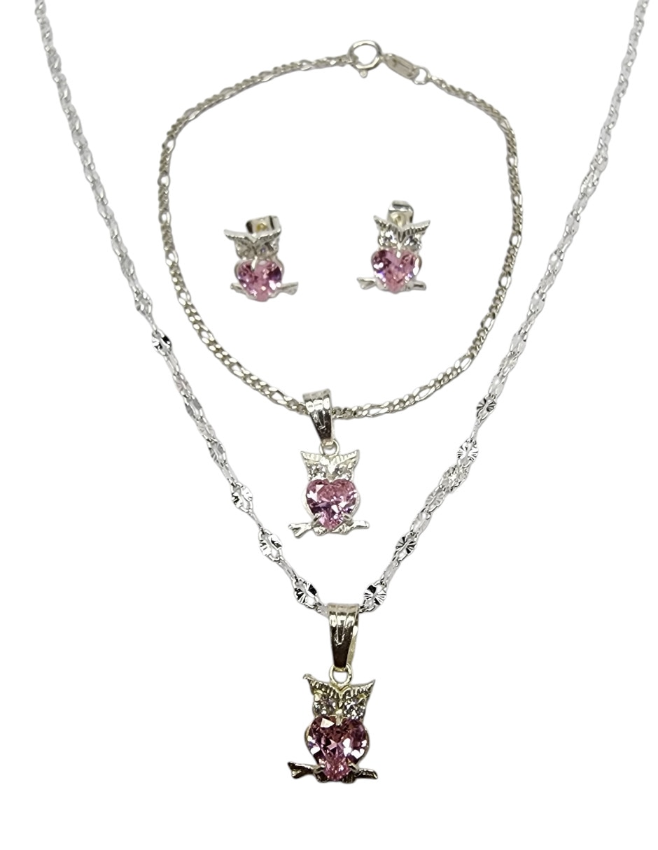 Aretes collar y pulsera de búho de plata P 925 zirconia