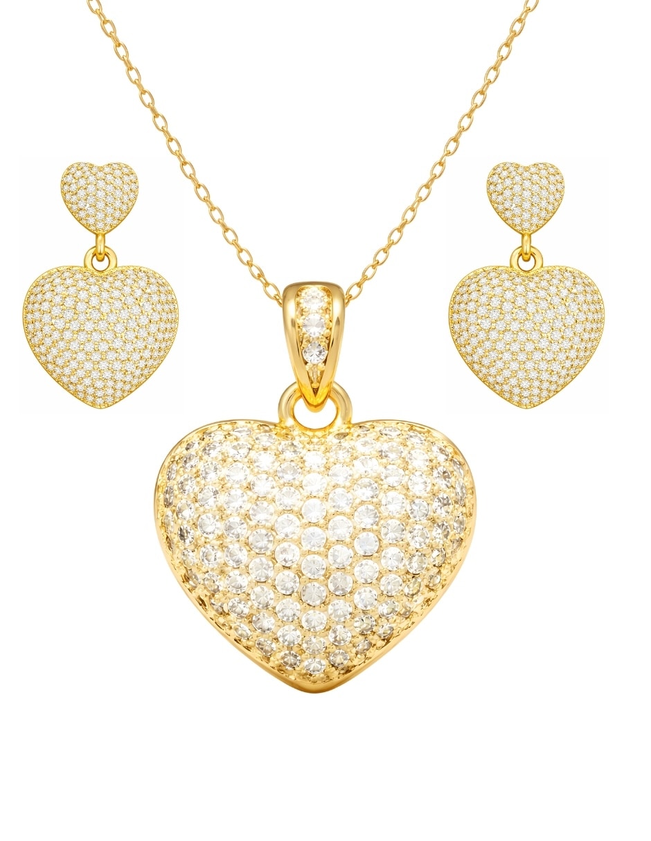 Aretes y collar de corazón Aurore con chapa de oro 18 K circonita