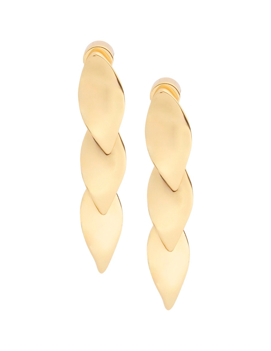 Aretes largos de hoja con acabado baño de oro 18 k