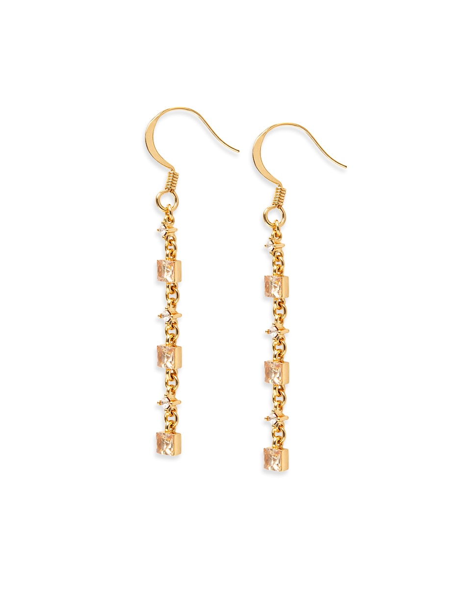 Aretes largos de cuadrada cuadritos brillantes de metal con acabado liso pavé zirconia 2