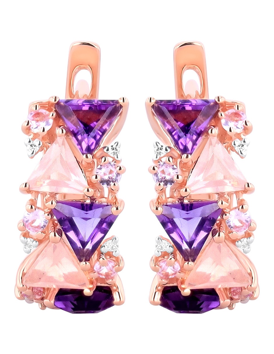 Aretes cortos de oro rosa 14 K con acabado brillante diamante