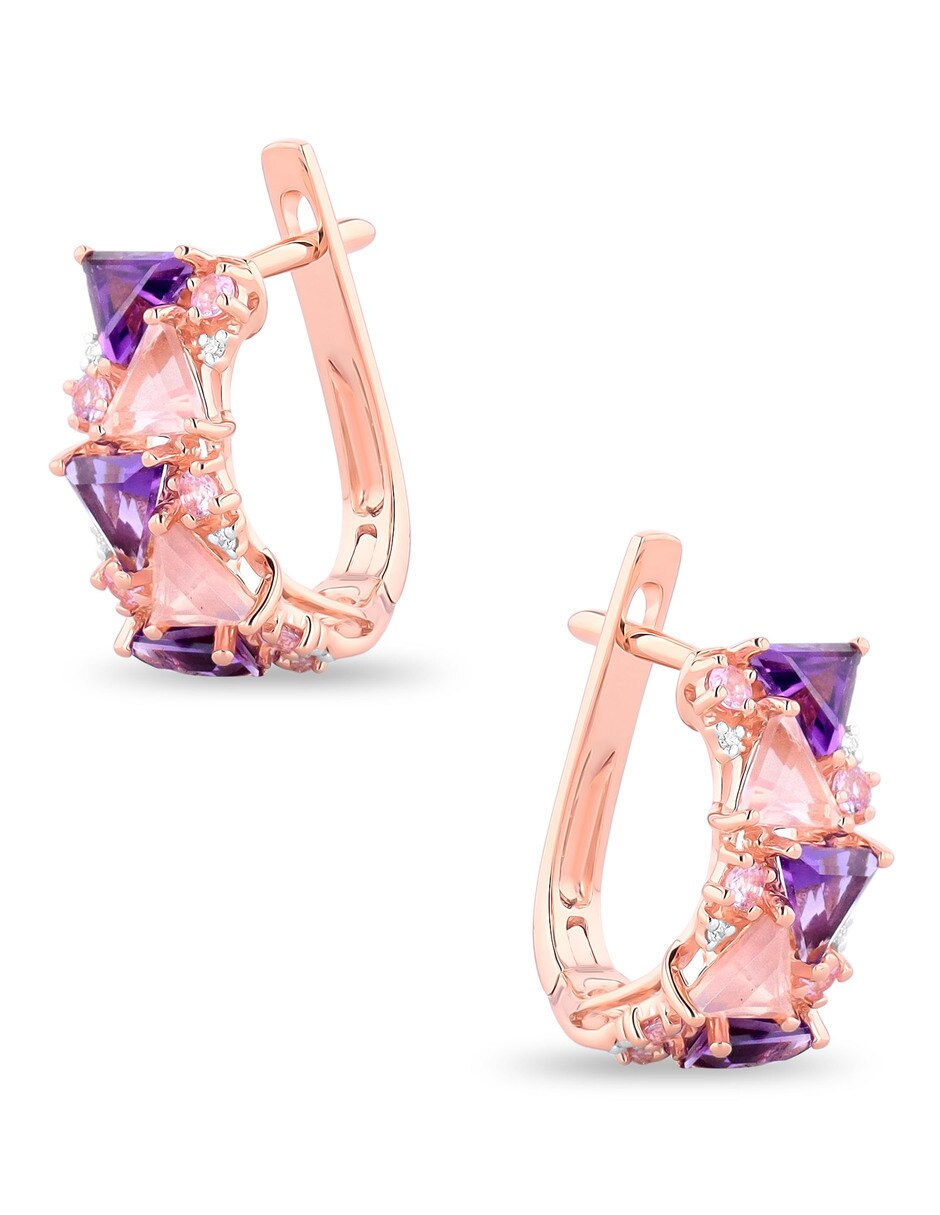 Aretes cortos de oro rosa 14 K con acabado brillante diamante 4