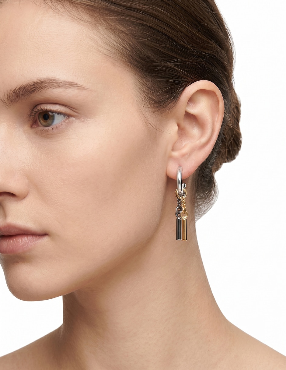 Aretes corto circular mix metal chain & fringe con acabado pulido 3
