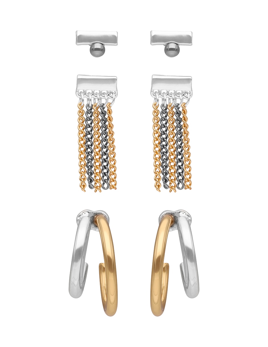 Set de aretes cortos Mix Metal Chain & Fringe con acabado Pulido 1