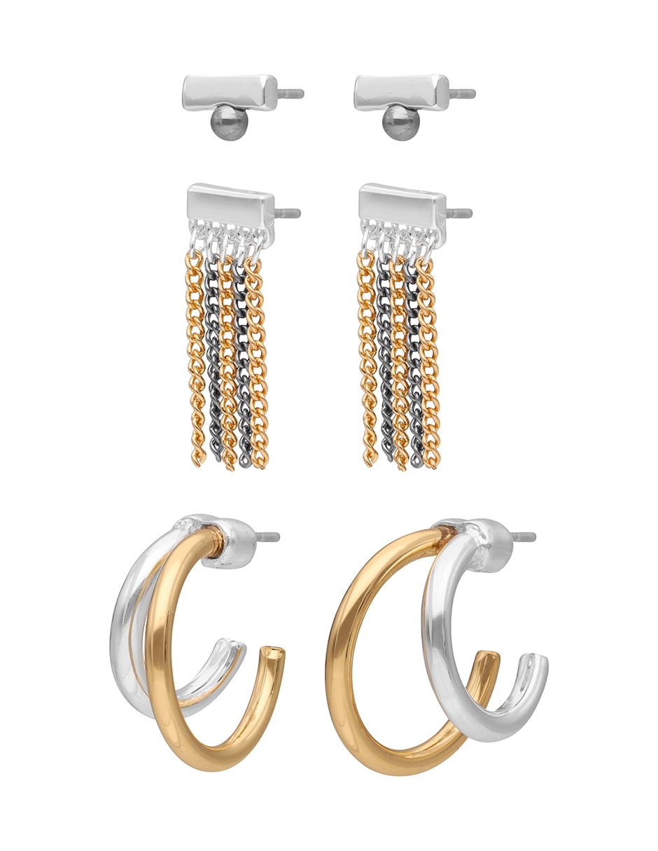 Set de aretes cortos Mix Metal Chain & Fringe con acabado Pulido 3