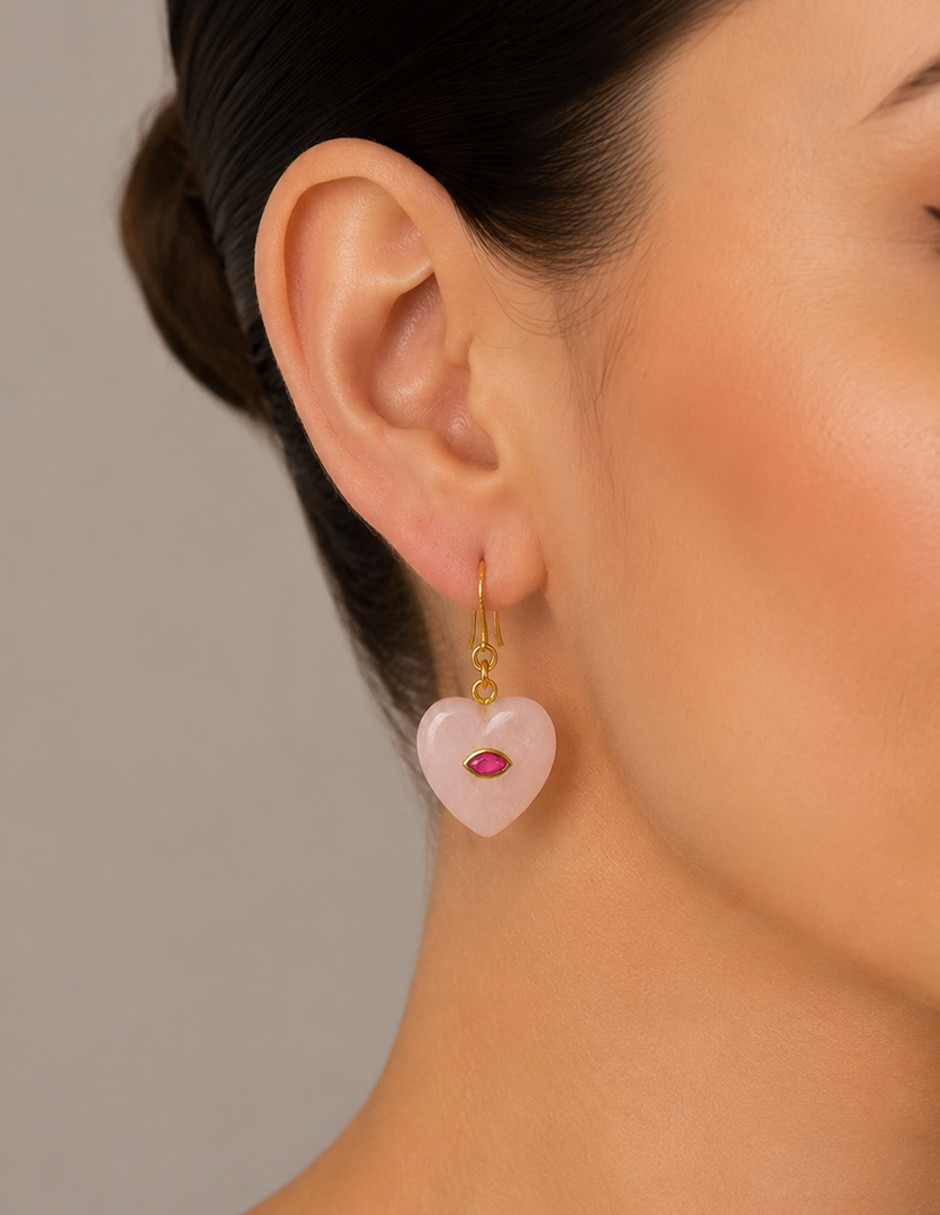 Corto de corazón prisma de acero inoxidable sin kilataje con acabado baño de oro cuarzo rosa Corto de corazón prisma de acero inoxidable sin kilataje con acabado baño de oro cuarzo rosa