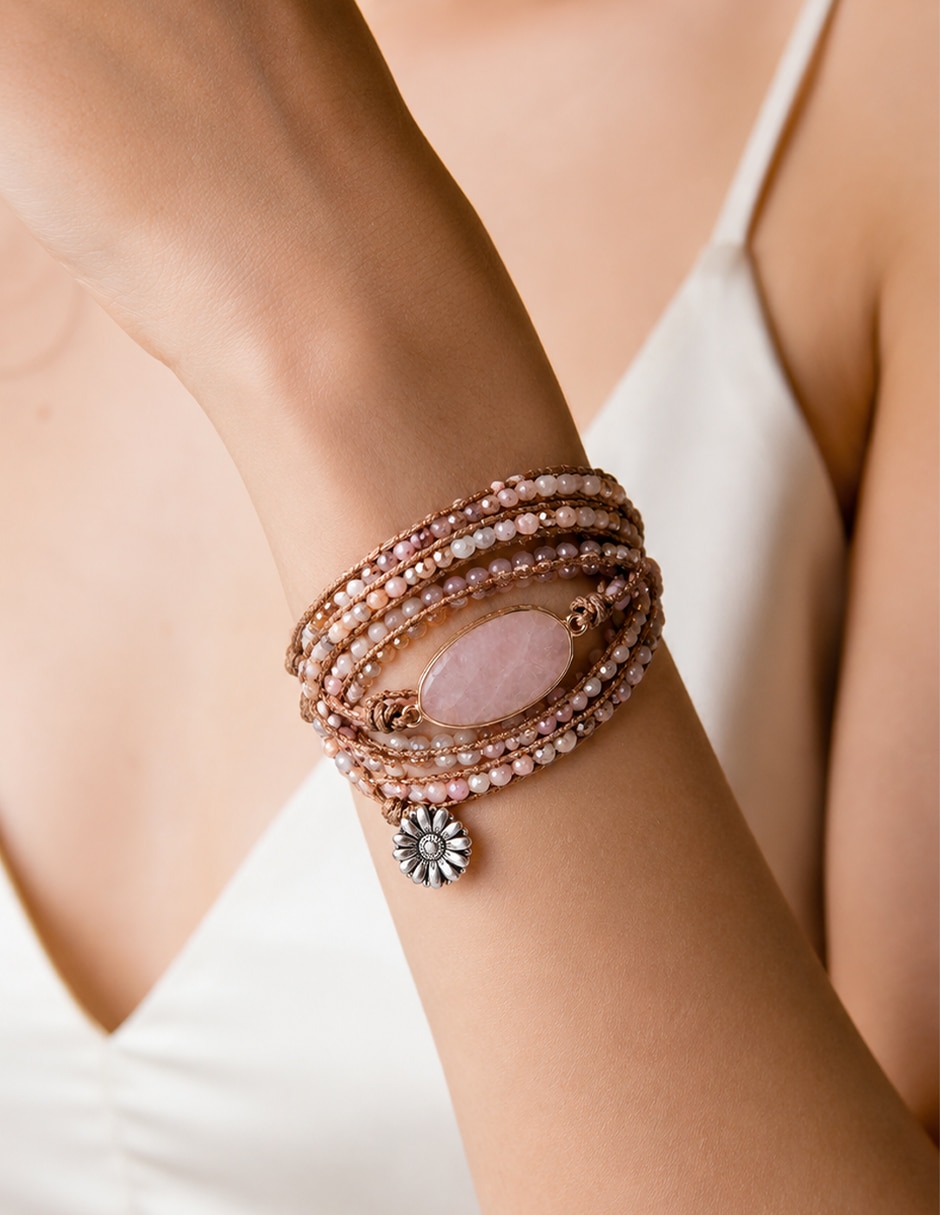 Pulsera y brazalete anamora por tanya moss con cuarzo rosa prisma acabado