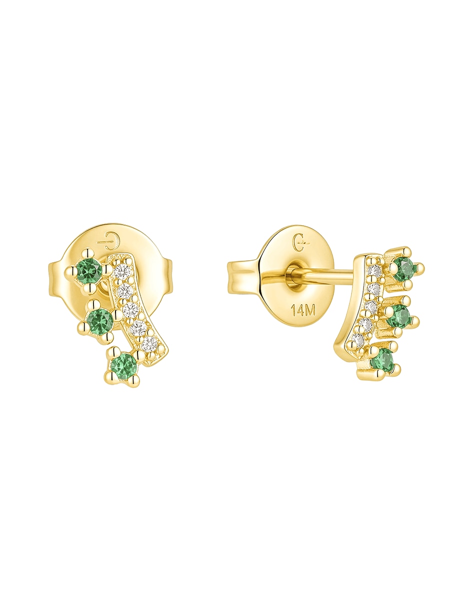 Aretes cortos de abanico golden circonias 14 k con acabado baño de oro zirconia