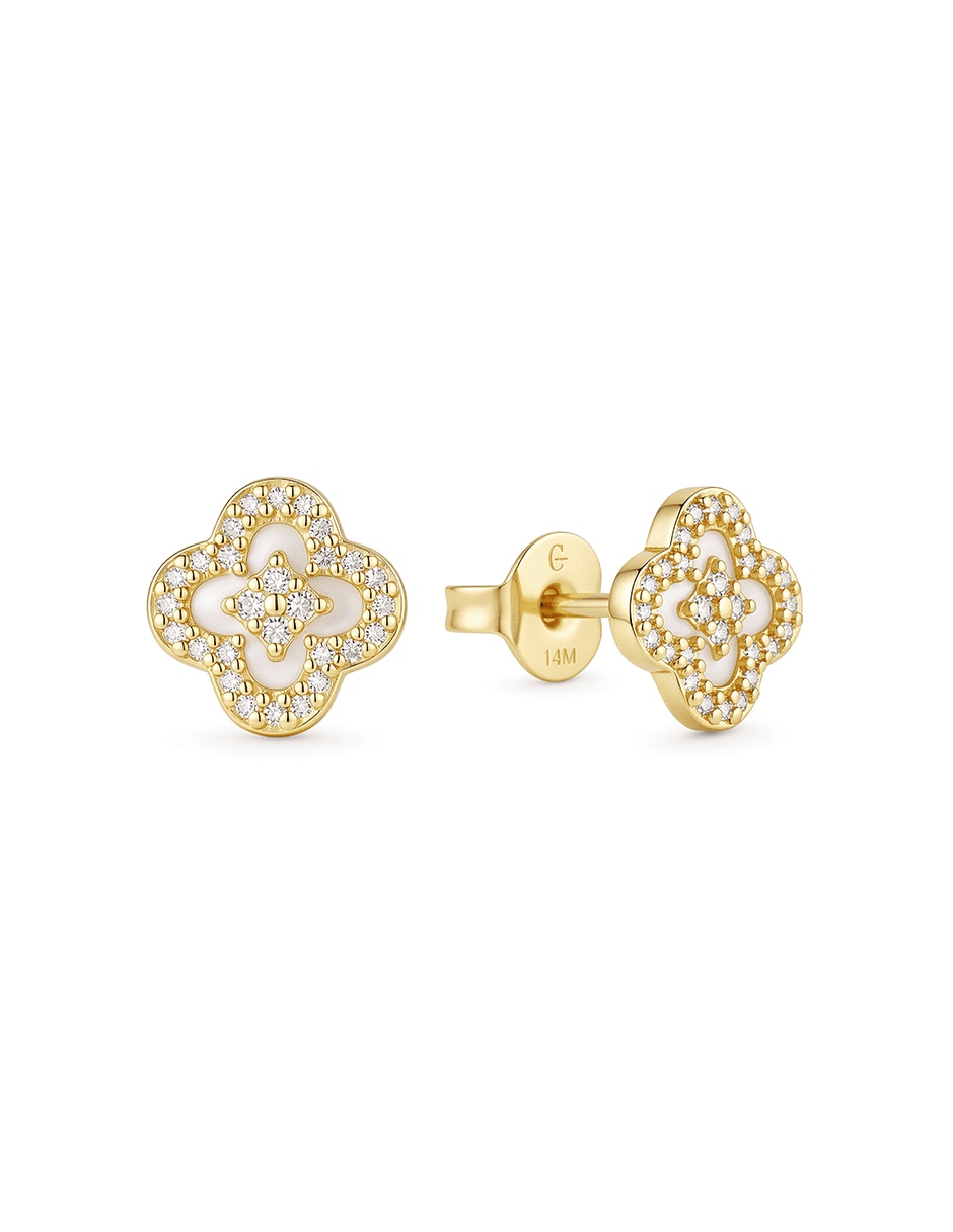 Aretes cortos de trébol golden circonias 14 k con acabado baño de oro zirconia
