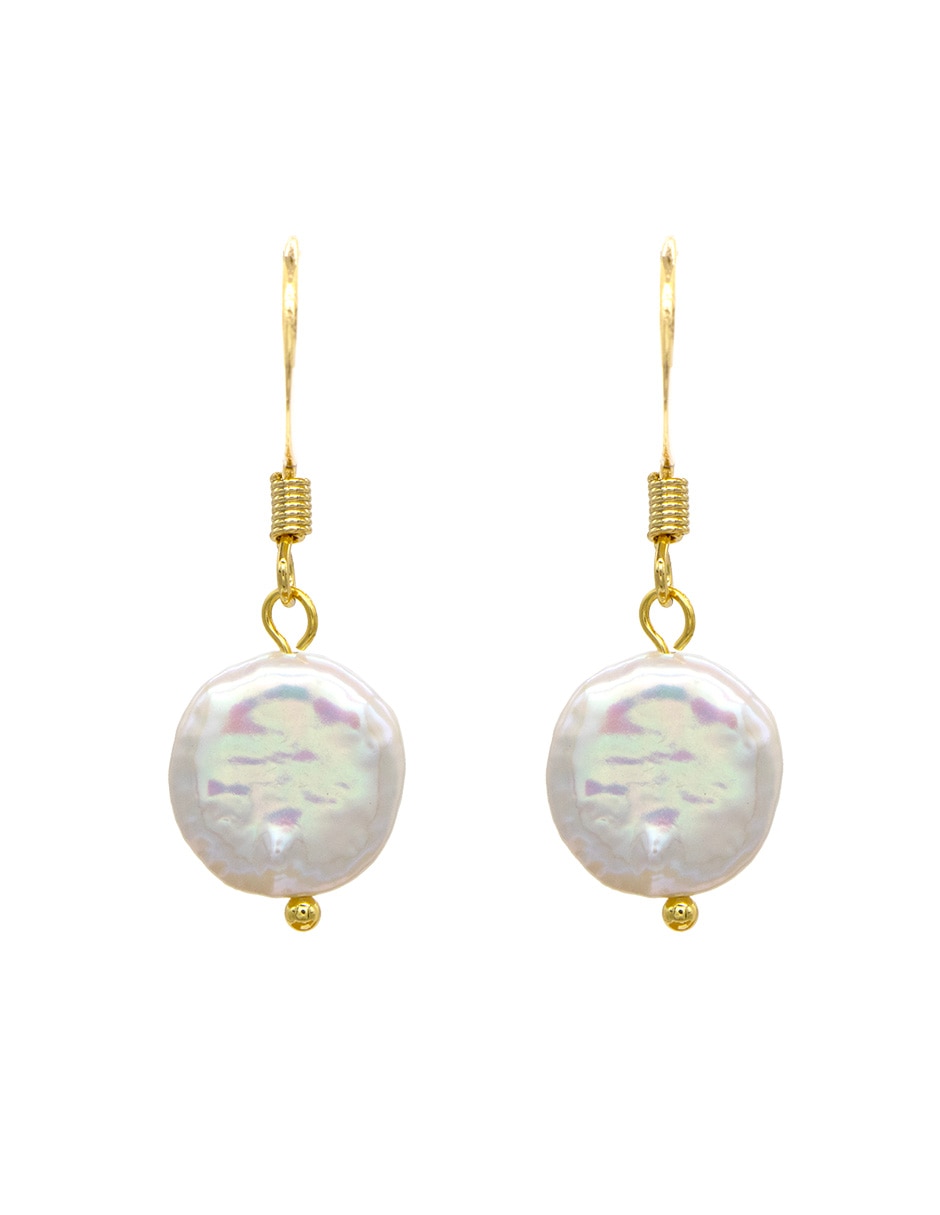 Aretes largos de perla coin de metal con acabado pulido perla