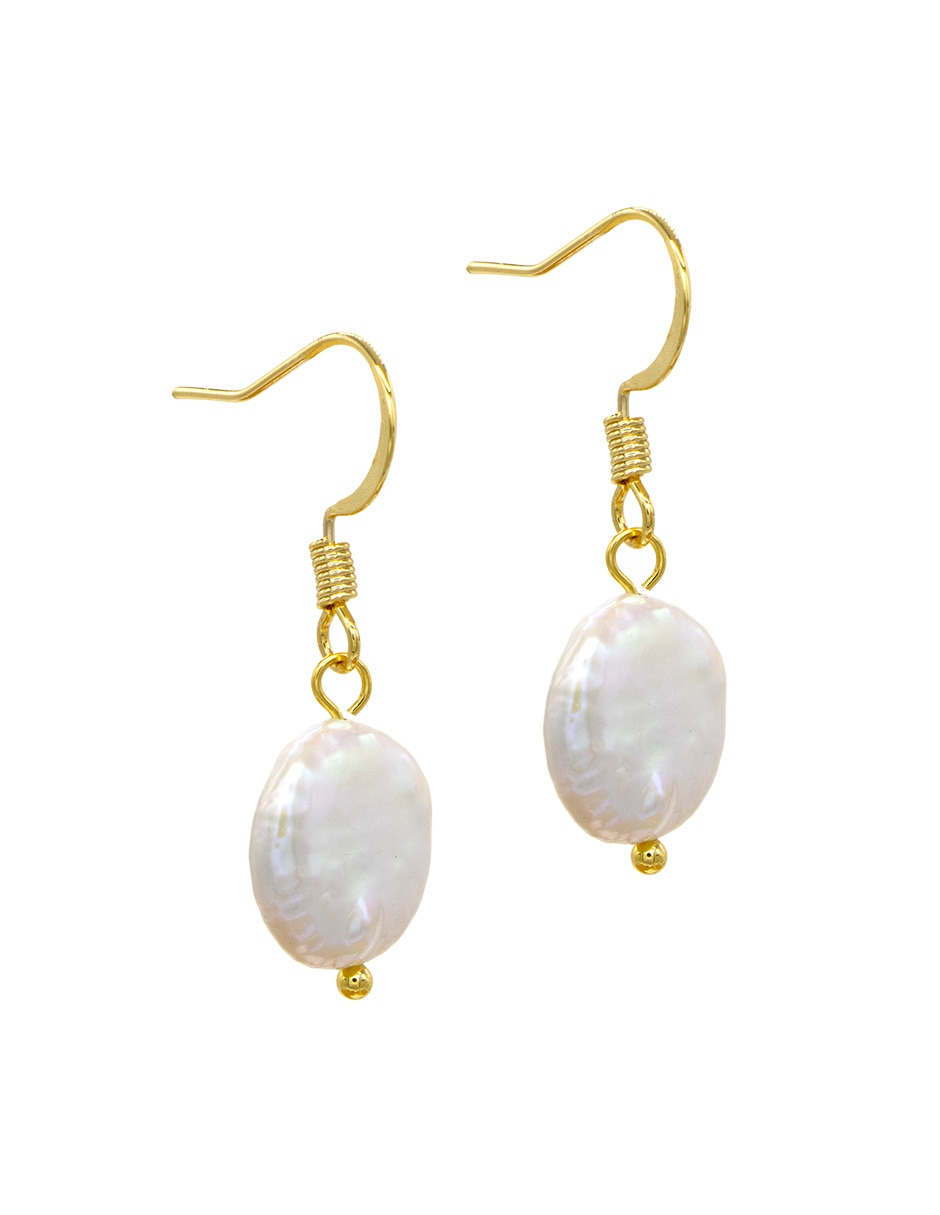 Aretes largos de perla coin de metal con acabado pulido perla