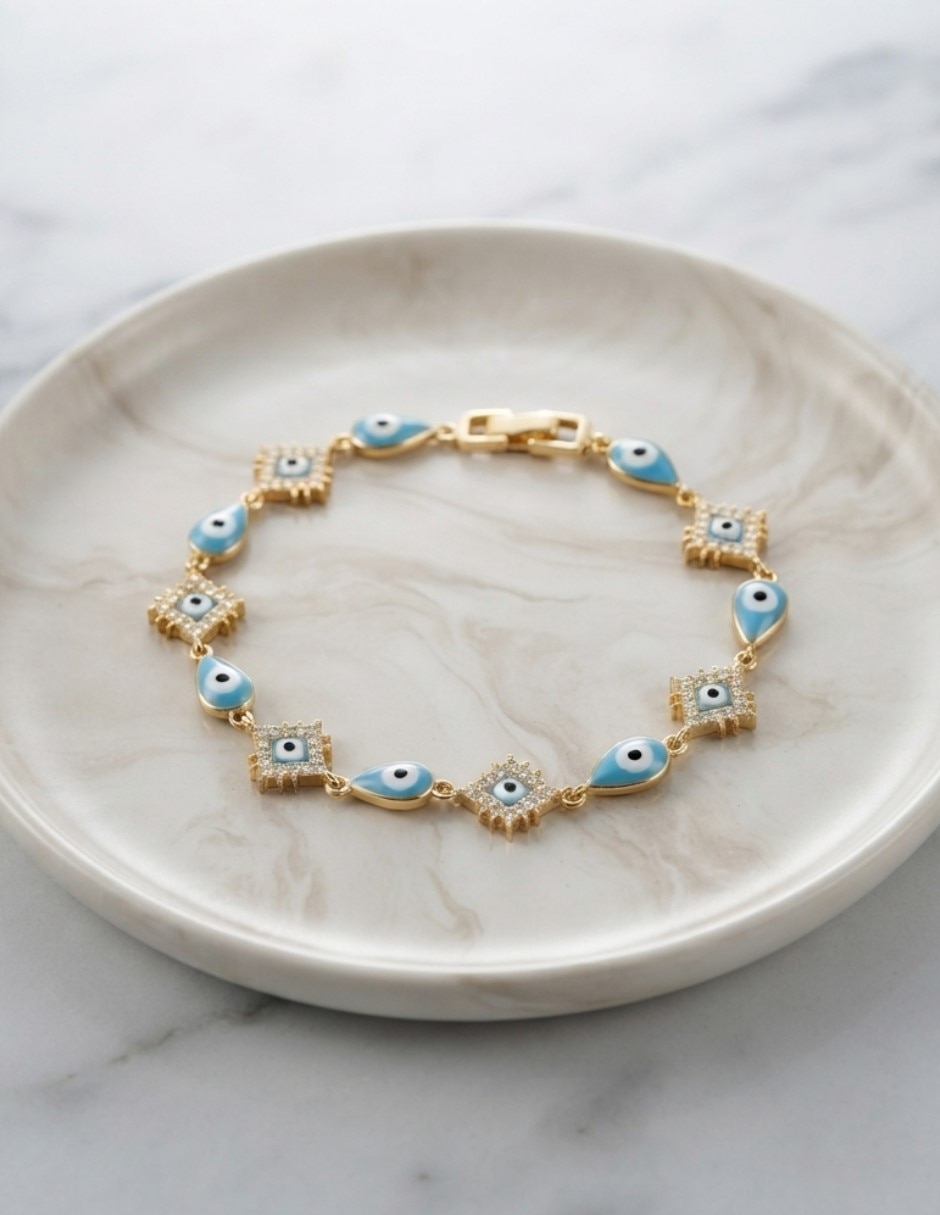 Pulsera de oro laminado con zirconia cúbica 14 k joyeria juvenil con diseño de ojo turco 5