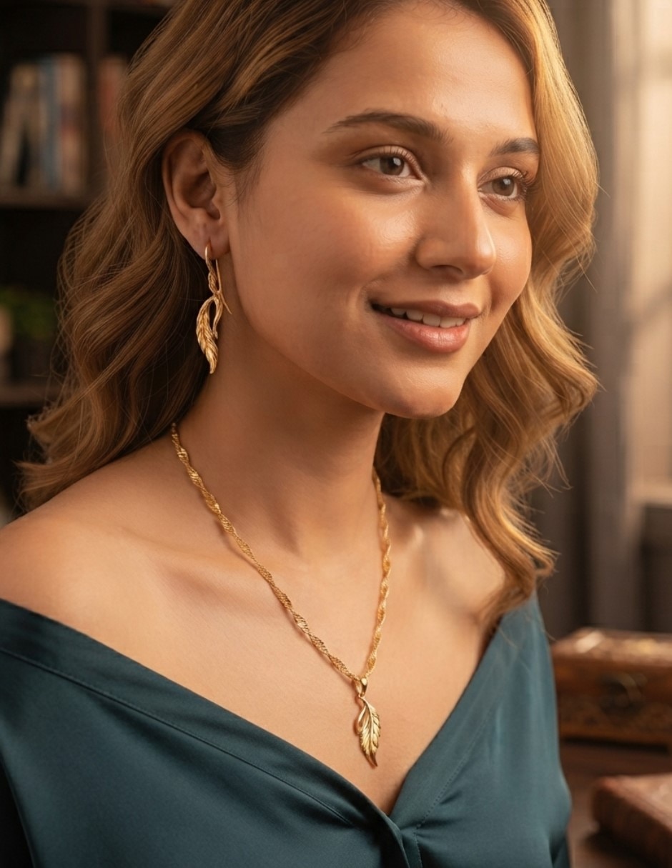 Aretes y collar de hoja de oro laminado 14 K 3