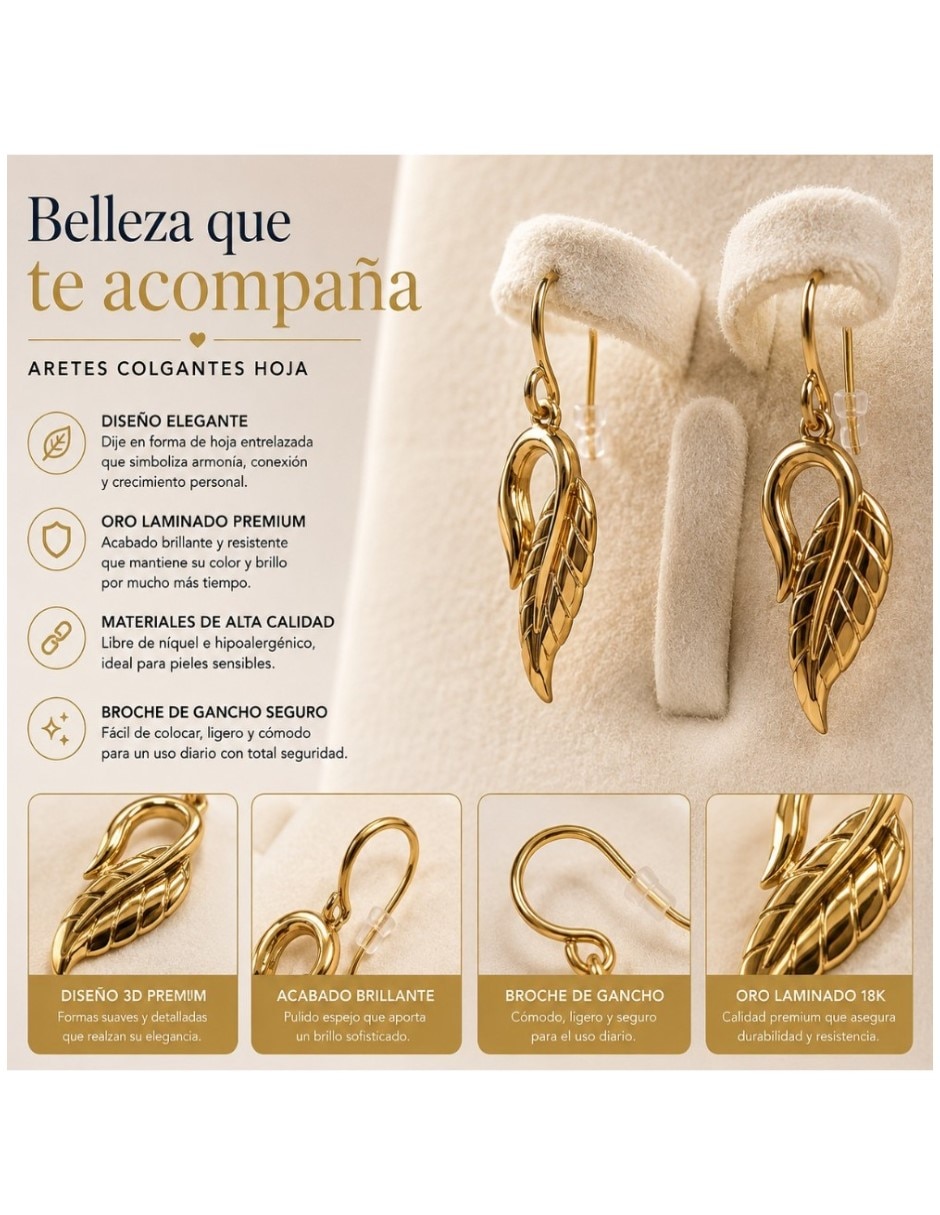 Aretes y collar de hoja de oro laminado 14 K 4