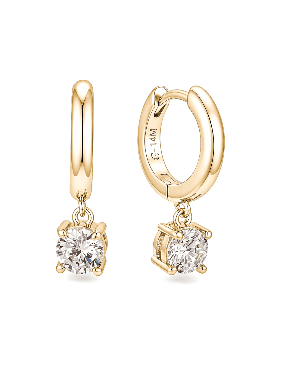 Aretes huggies de gota con acabado baño de oro 14 K zirconia