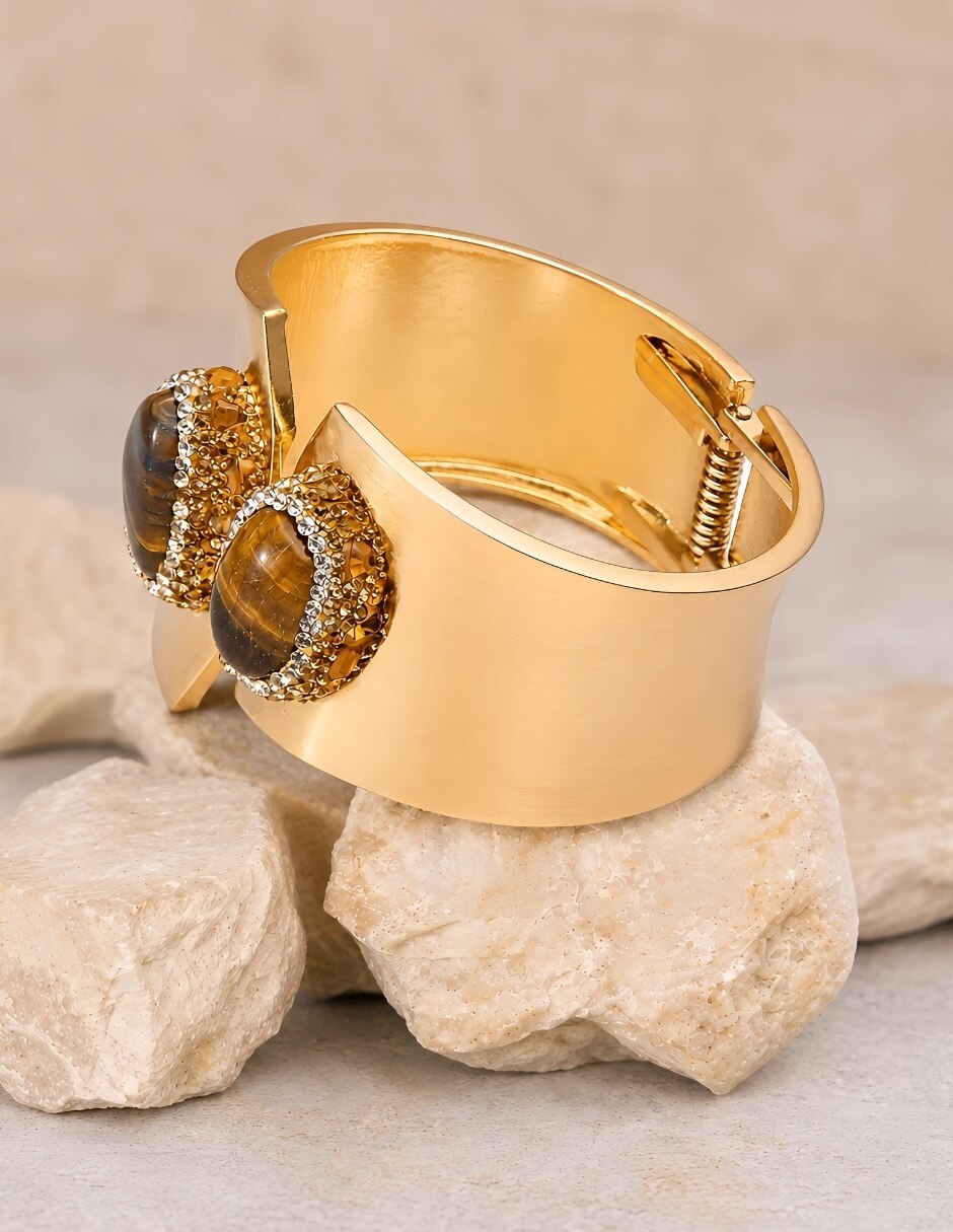 Brazalete con piedra natural Tigris acabado baño de oro 7
