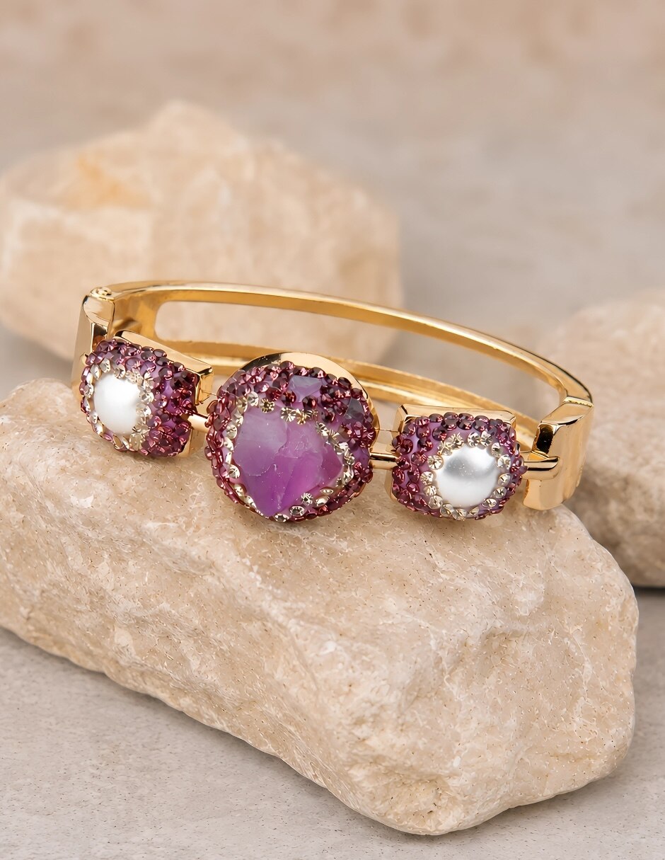 Brazalete con piedra natural Violeta acabado baño de oro 7