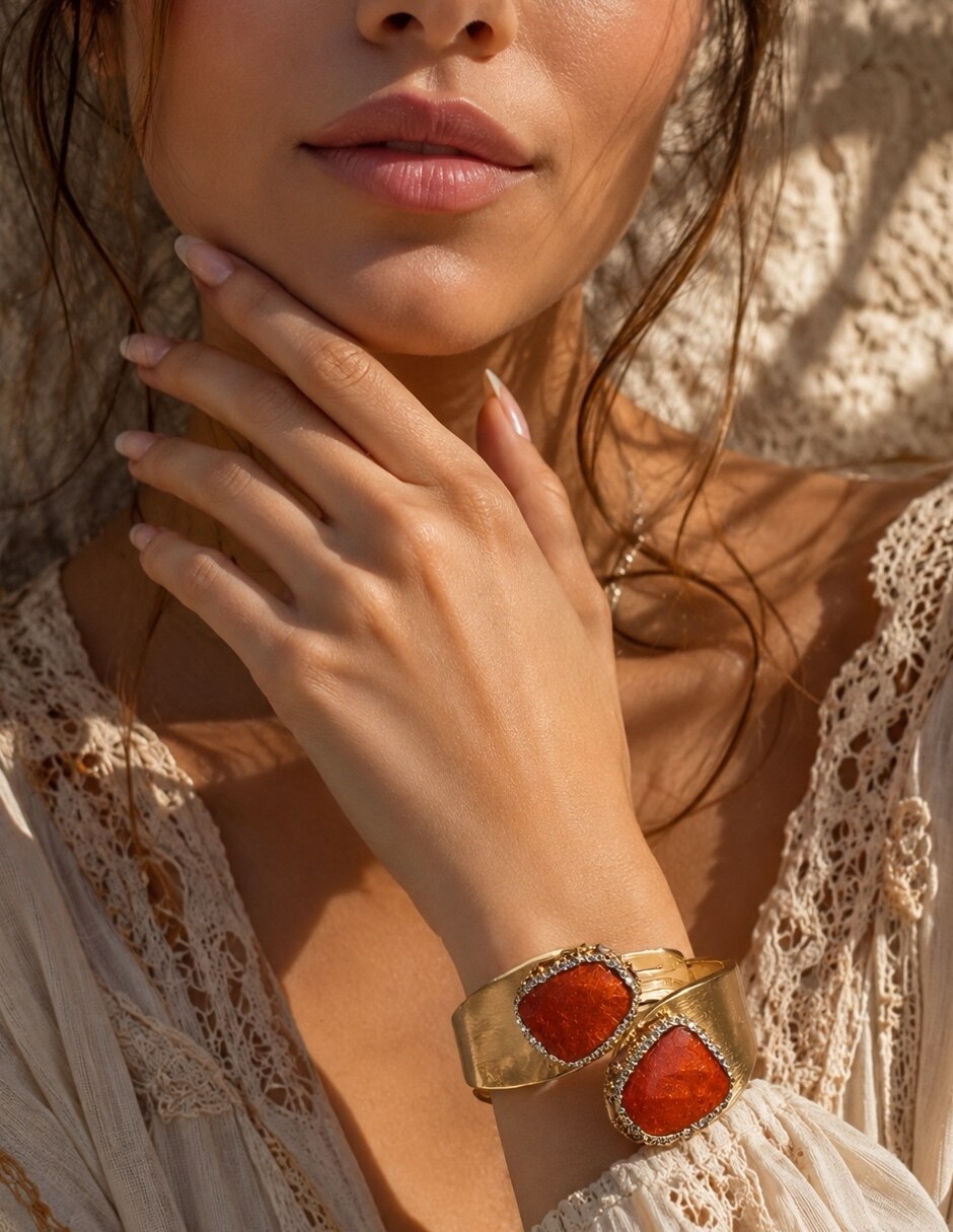 Brazalete con piedra natural Carmiín acabado baño de oro 9