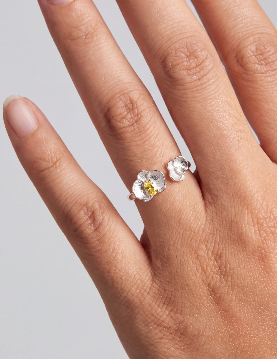 Anillo con gema de flor Nature P 925 de plata circonita pulido 2