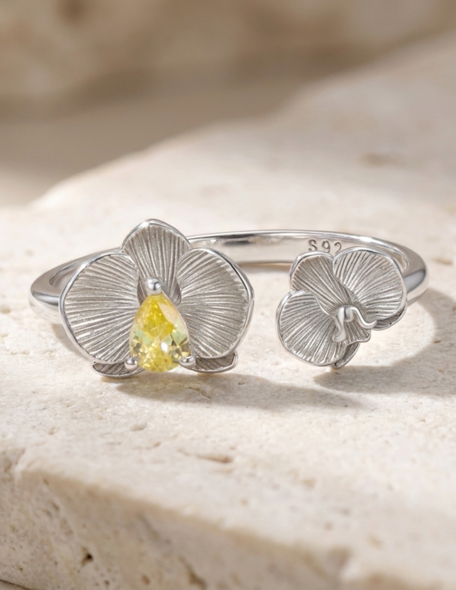 Anillo con gema de flor Nature P 925 de plata circonita pulido 4