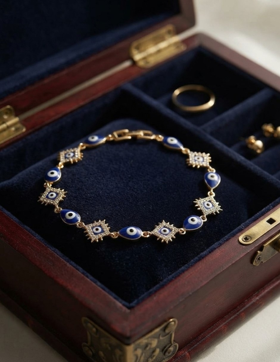 Pulsera de oro laminado con zirconia cúbica 14 k joyeria juvenil con diseño de ojo turco