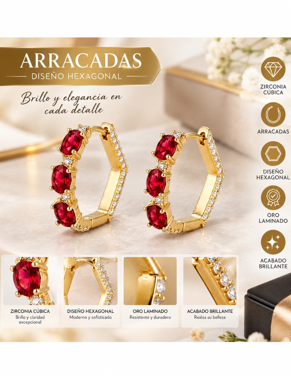 Arracadas de hexagonal de oro laminado 14 K con acabado brillante 6