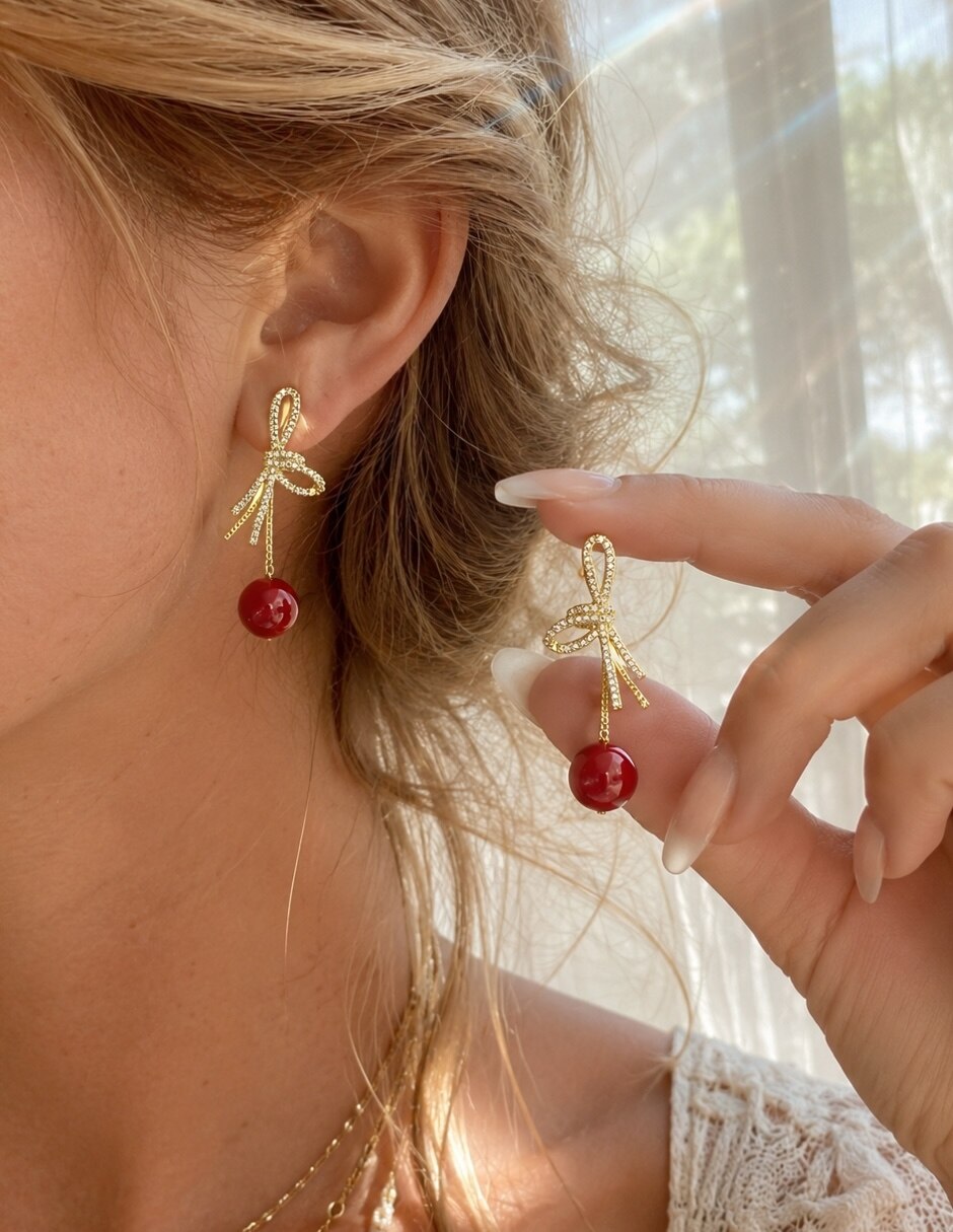 Aretes largos cerise con acabado baño de oro zirconia 6