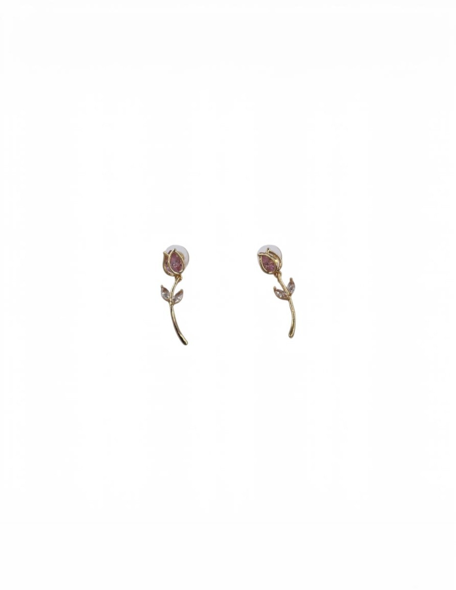 Aretes largos de flor de acero inoxidable con acabado chapa de oro zirconia