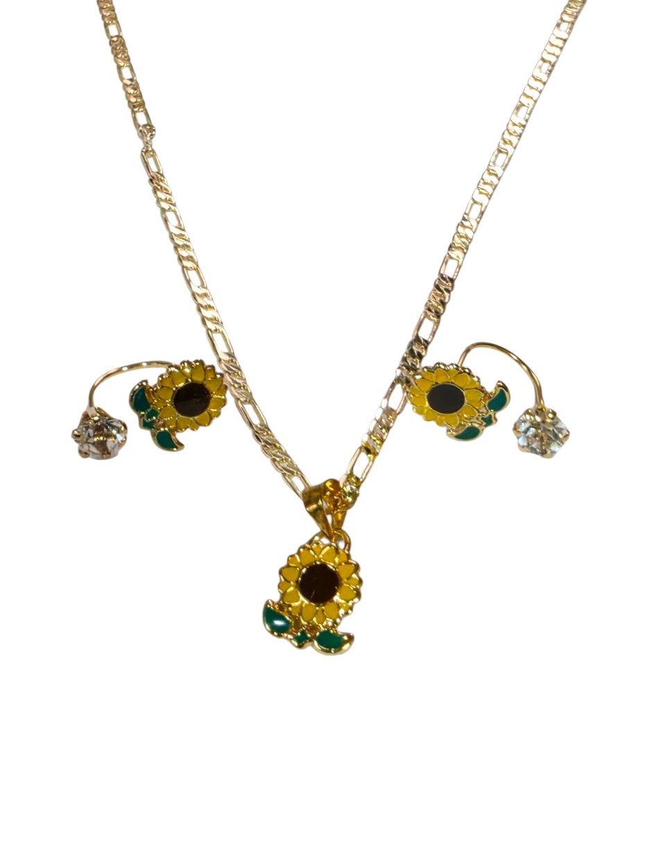 Aretes y collar girasol flor de oro laminado 14 k zirconia Aretes y collar girasol flor de oro laminado 14 k zirconia