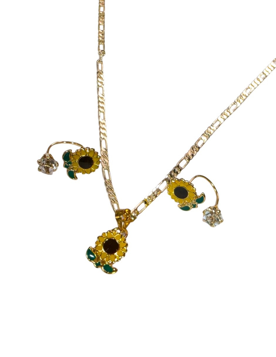 Aretes y collar girasol flor de oro laminado 14 k zirconia 4