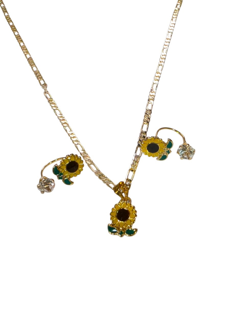 Aretes y collar girasol flor de oro laminado 14 k zirconia 3