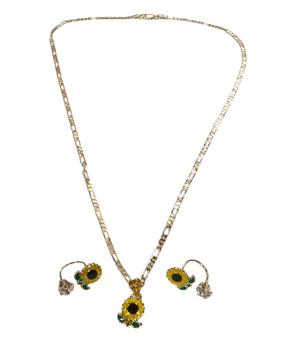 Aretes y collar girasol flor de oro laminado 14 k zirconia 2