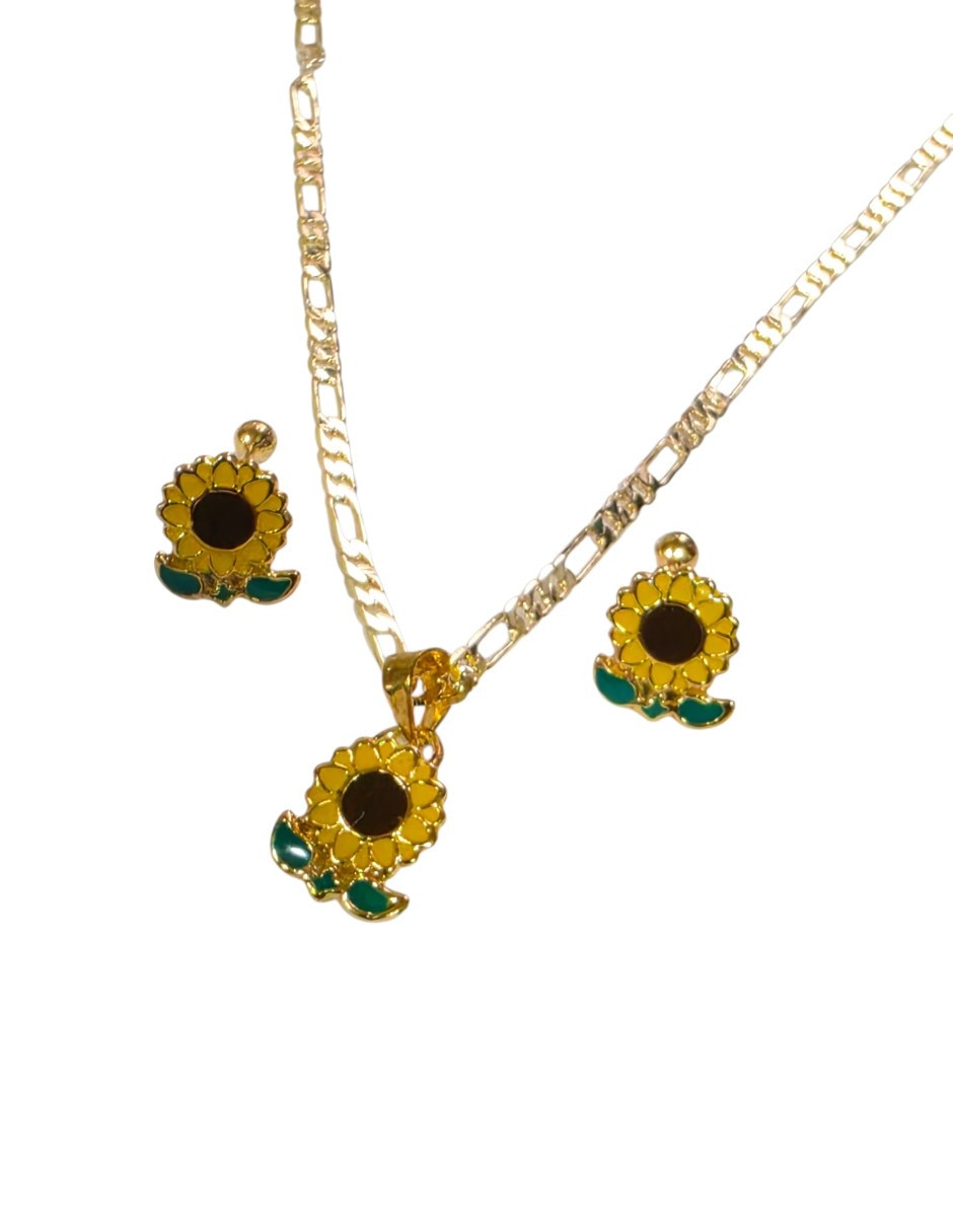 Aretes y collar flor de oro laminado 14 k zirconia 4