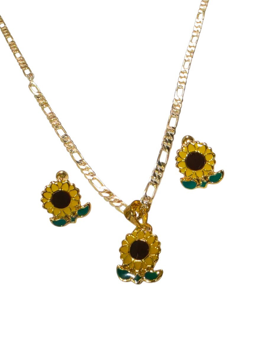 Aretes y collar flor de oro laminado 14 k zirconia 3