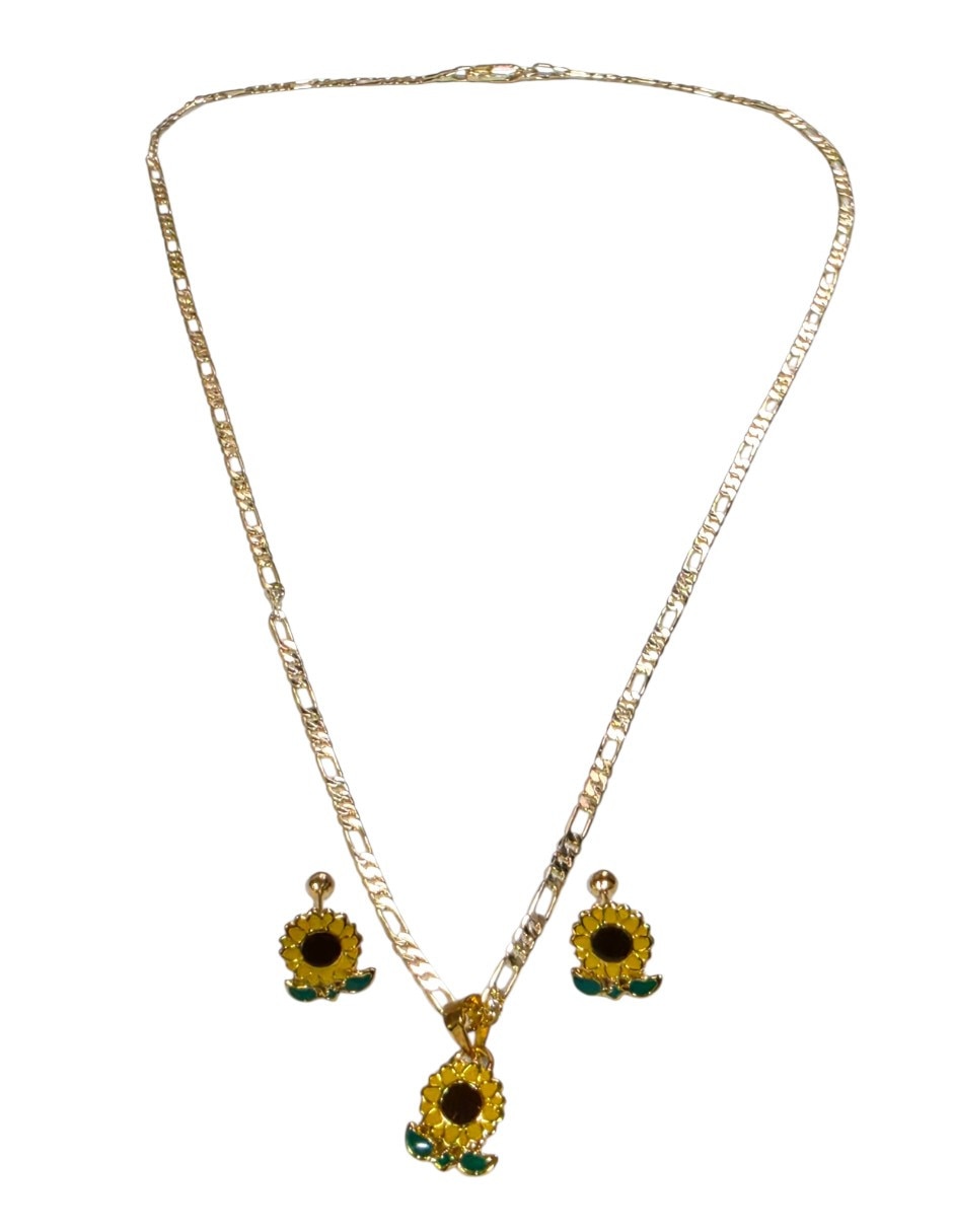 Aretes y collar flor de oro laminado 14 k zirconia 2