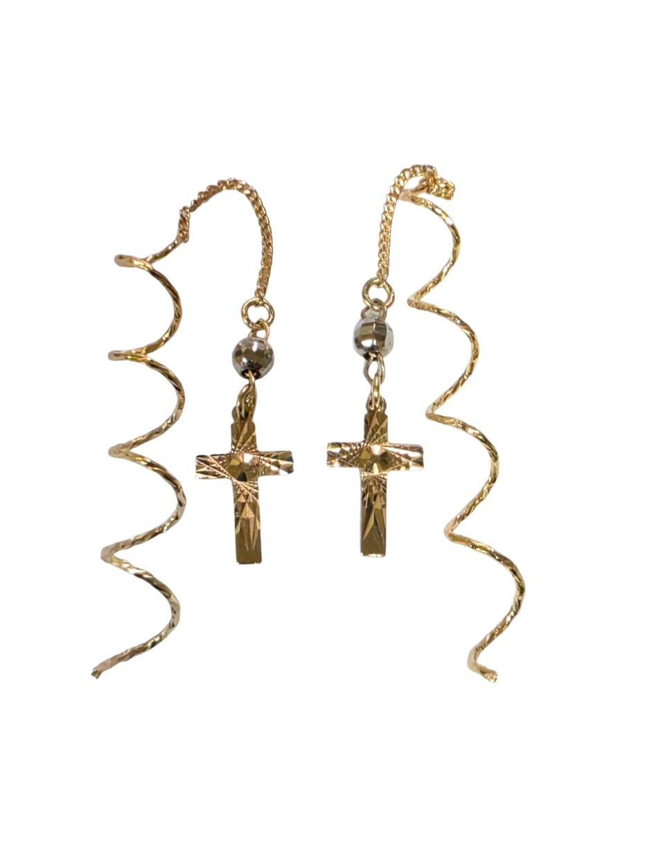 Aretes largos largos cruz de chapa de oro 14 k con acabado chapa de oro Aretes largos largos cruz de chapa de oro 14 k con acabado chapa de oro